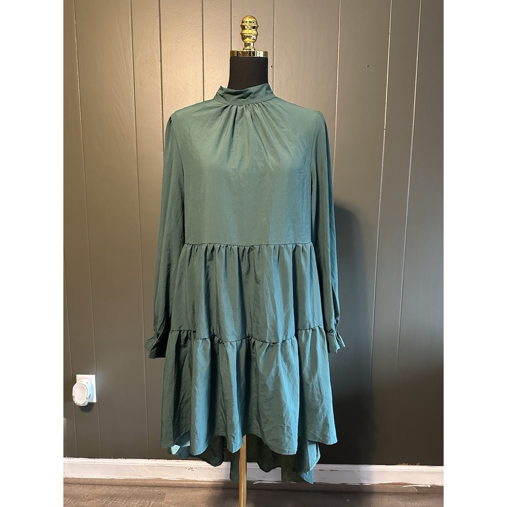 SHEIN Green High Neck High Low Long Sleeve Tiered Dress Holidays L Large